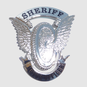 sheriff winged wheel silver helmet badge with black text